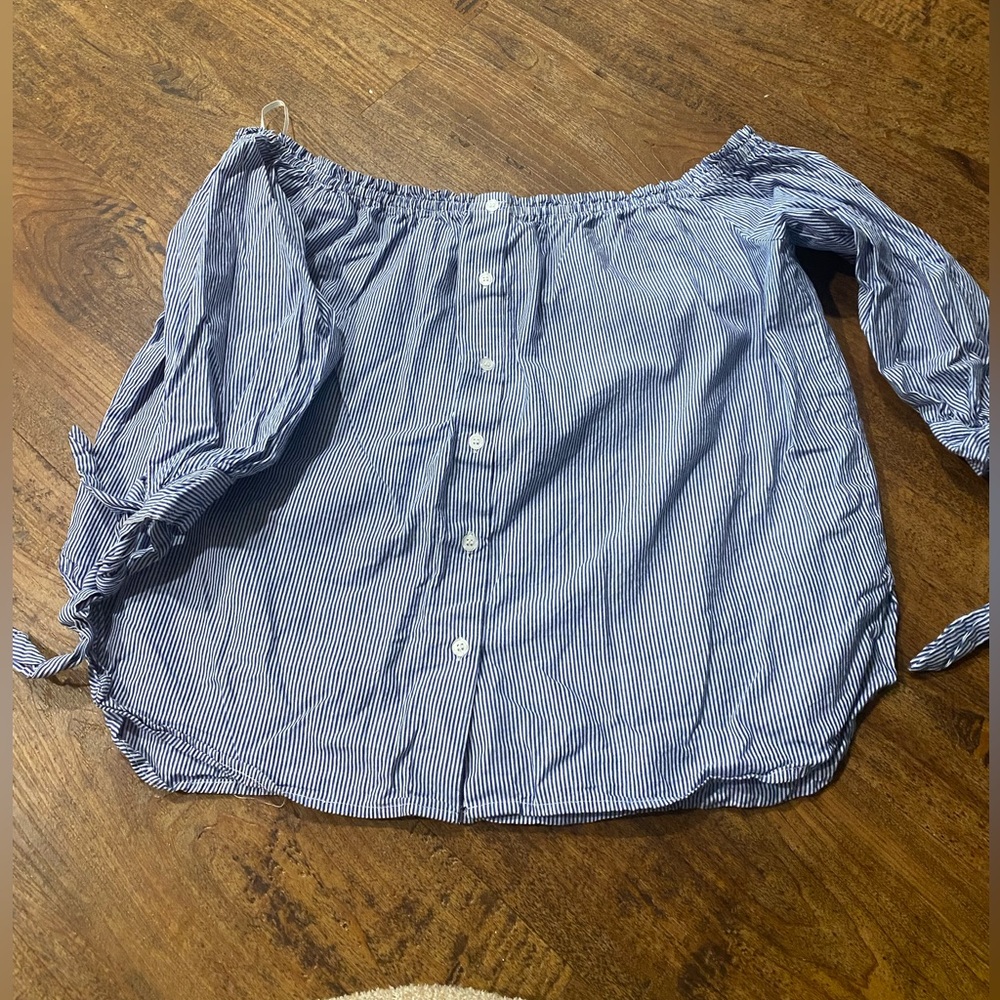 Caution to the Wind- Blue & White Stripped off-the- Shoulder Top